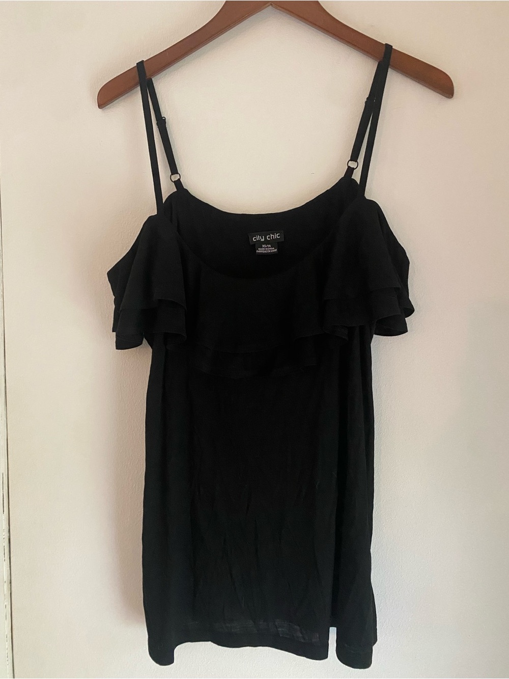 3/$30 City Chic Black Ruffle Off-Shoulder Cami with Adjustable Straps